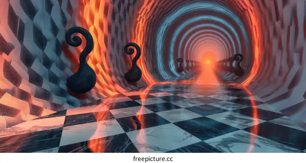 Glowing Orange and Blue Walls Tunnel with Checkerboard Floor