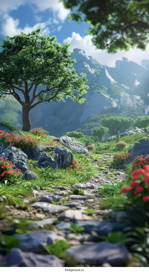 Enchanted Mountain Landscape with Trees and Flowers