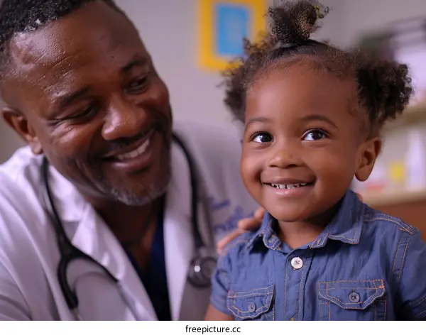 Smiling black doctor and toddler girl in exam room