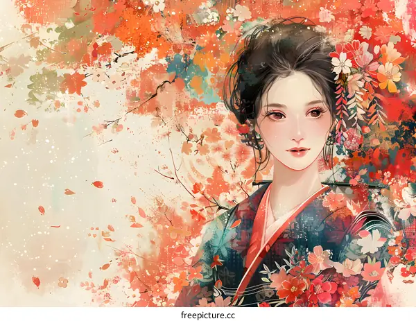 An illustration of a beautiful Asian woman in a kimono with red and pink flowers in her hair and a red and white background