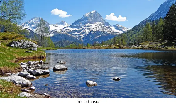 Serene Alpine Lake with Snow-Capped Peaks