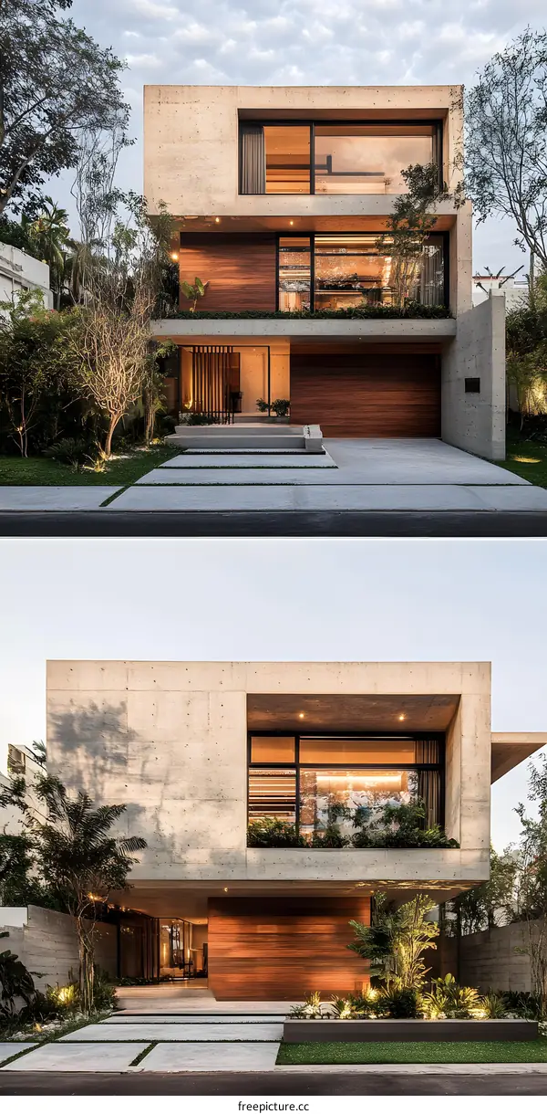 Modern Concrete House With Wood Accents And Lush Greenery