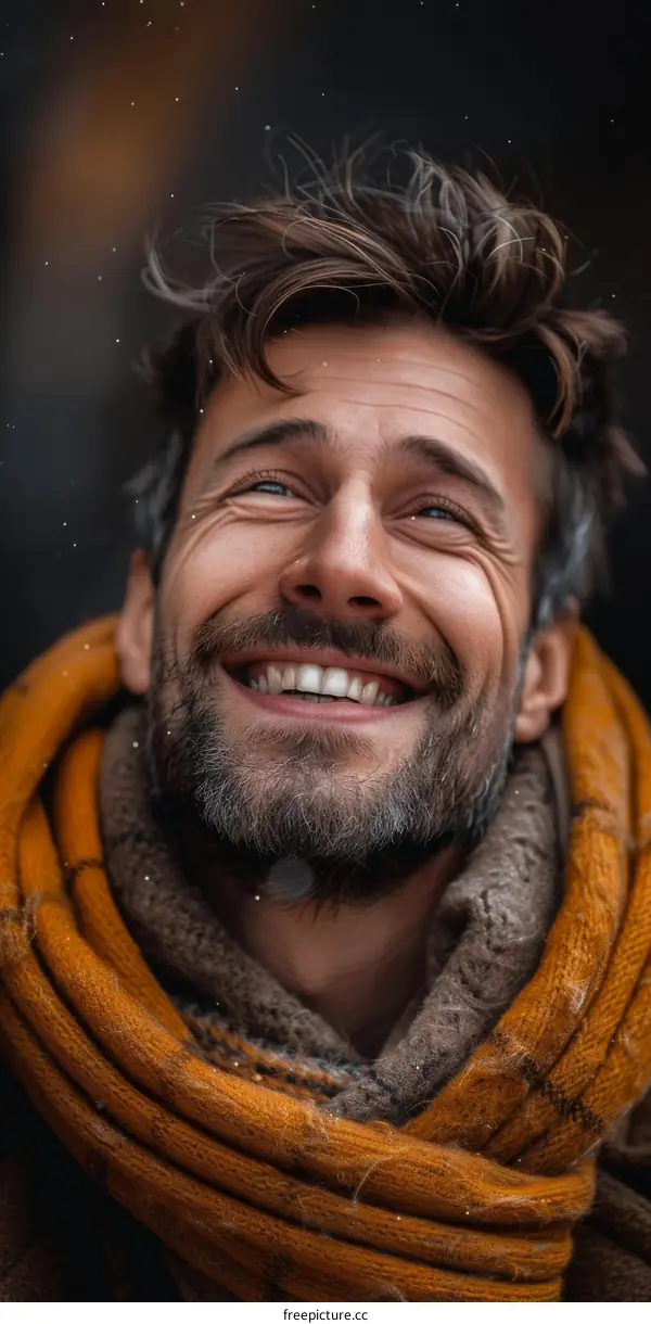 portrait of a smiling man with a beard wearing a brown scarf