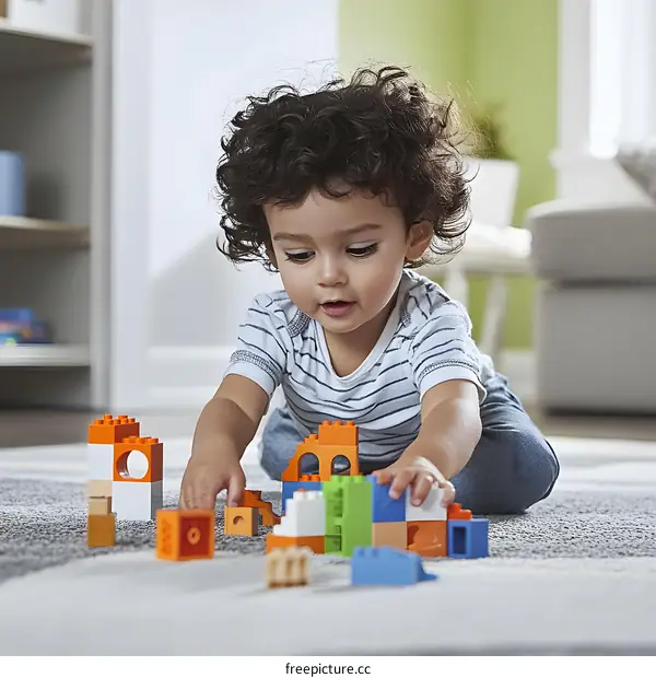 Young Boy Playing with Building Blocks in a Living Room