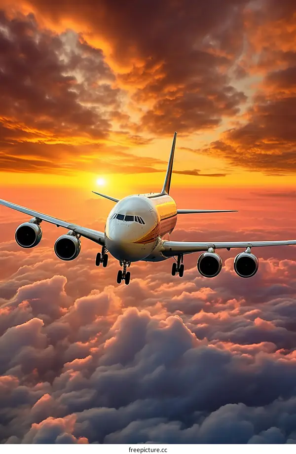Airplane Soaring Above Clouds at Sunset