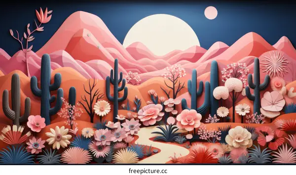 Pink flowers and cacti in the desert with a blue background