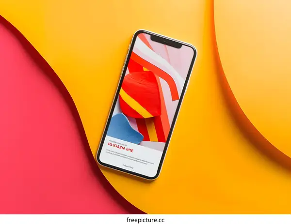 Mobile Phone with Abstract Shapes on Screen on Yellow and Pink Background