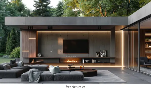 Modern and minimalist living room design with large windows and a fireplace