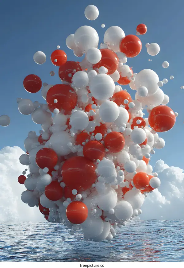 Abstract 3D Composition of Red and White Spheres Over Water