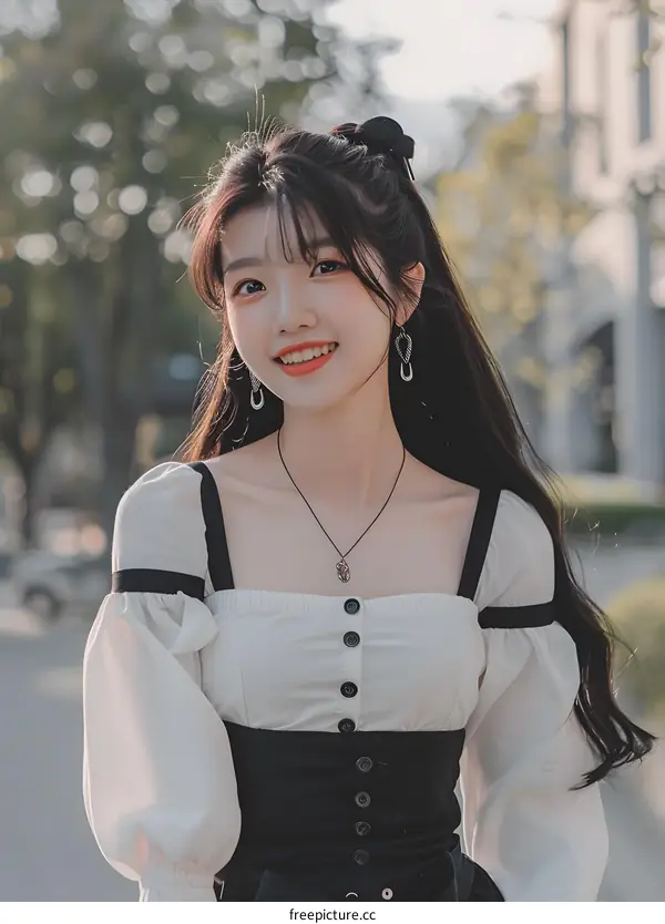 Smiling Asian Woman with Long Black Hair Wearing a White and Black Top