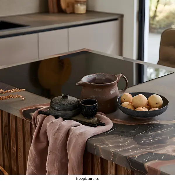 Kitchen Countertop With Rustic Pottery And Fresh Fruit