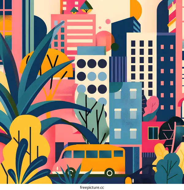 Colorful Cityscape Illustration with Bus and Plants
