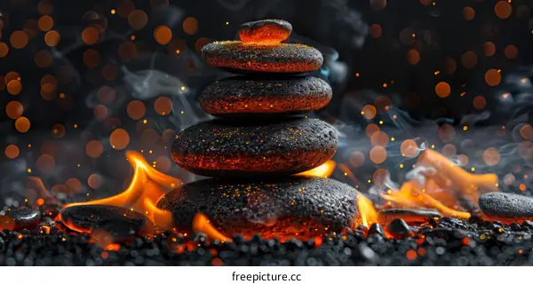 Balanced Stones on Fire with Blurred Lights