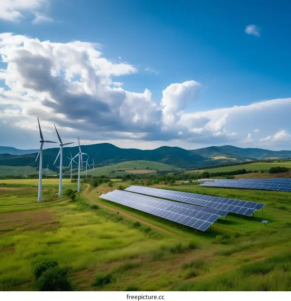 A field of solar panels and wind turbines surrounded by green hills