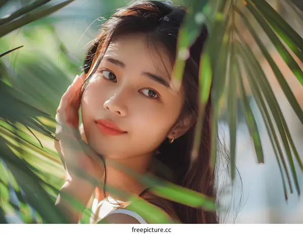 Beautiful Asian Woman with Long Hair Posing Outdoors