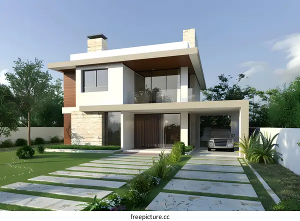 Modern House Exterior Design with Stone Wall and Landscaping