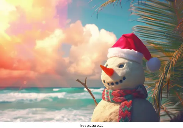 A sandy snowman stands on the beach, wearing a red hat and scarf, with a palm tree and ocean in the background