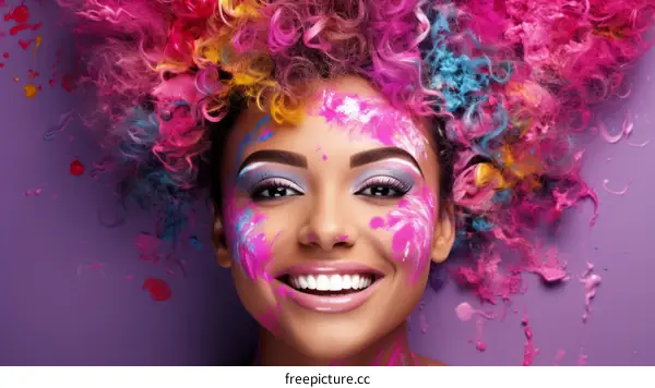 Colorful Portrait of a Smiling African Woman with Pink Hair and Face Paint