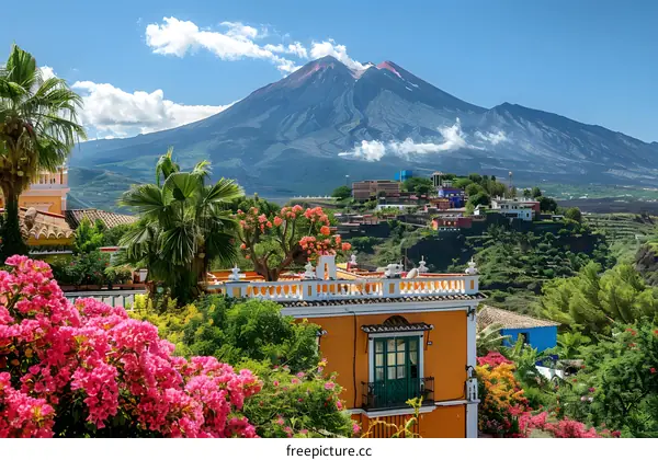 Volcano view from a colorful town