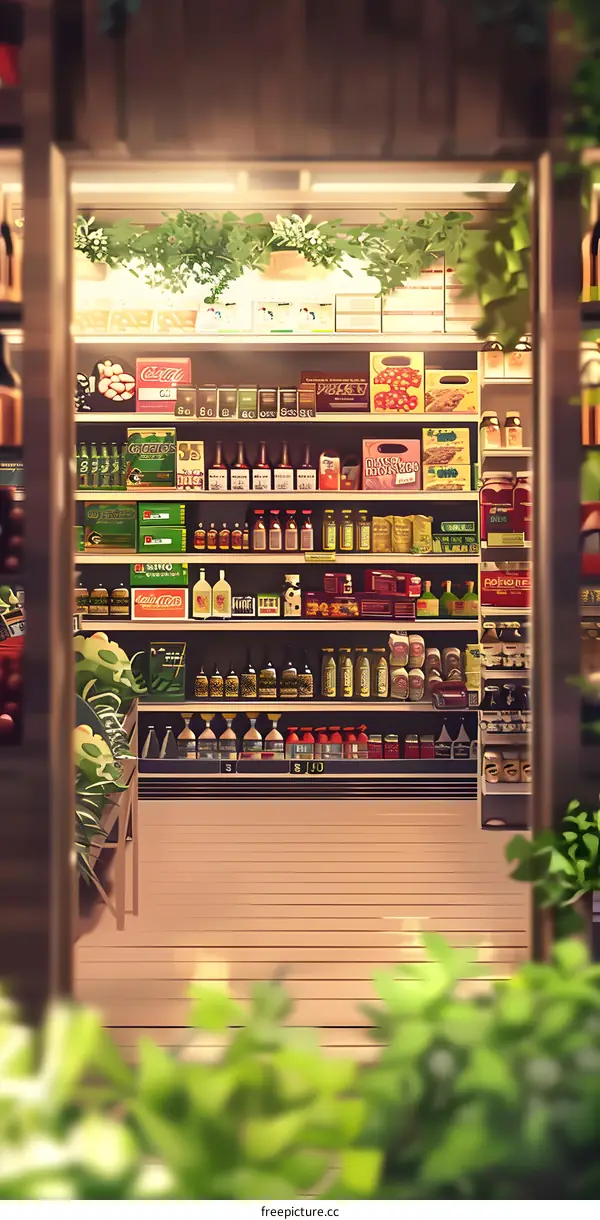 Illustration of a Store Front with Shelves of Goods