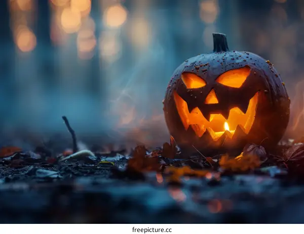 Spooky Halloween Pumpkin in the Dark Forest