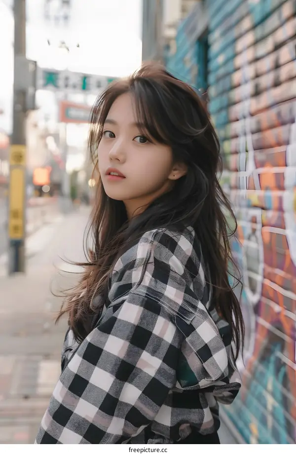 Portrait of Young Asian Woman in Checkered Shirt