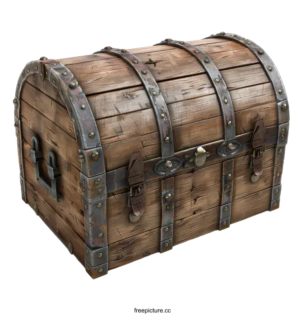 [Transparent Background PNG]An old wooden treasure chest with metal.