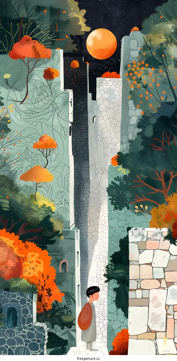 Nighttime Illustration of a Boy Walking Through a Stone Wall Path