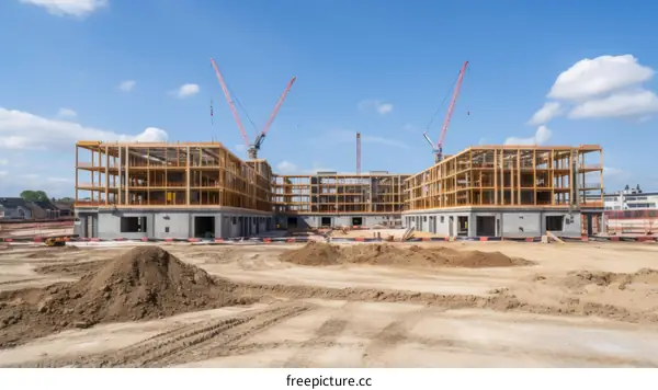 Two large apartment buildings under construction with two cranes in the background