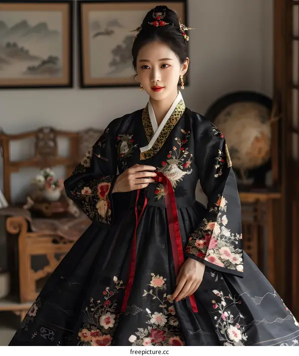 A young woman wearing a black hanbok