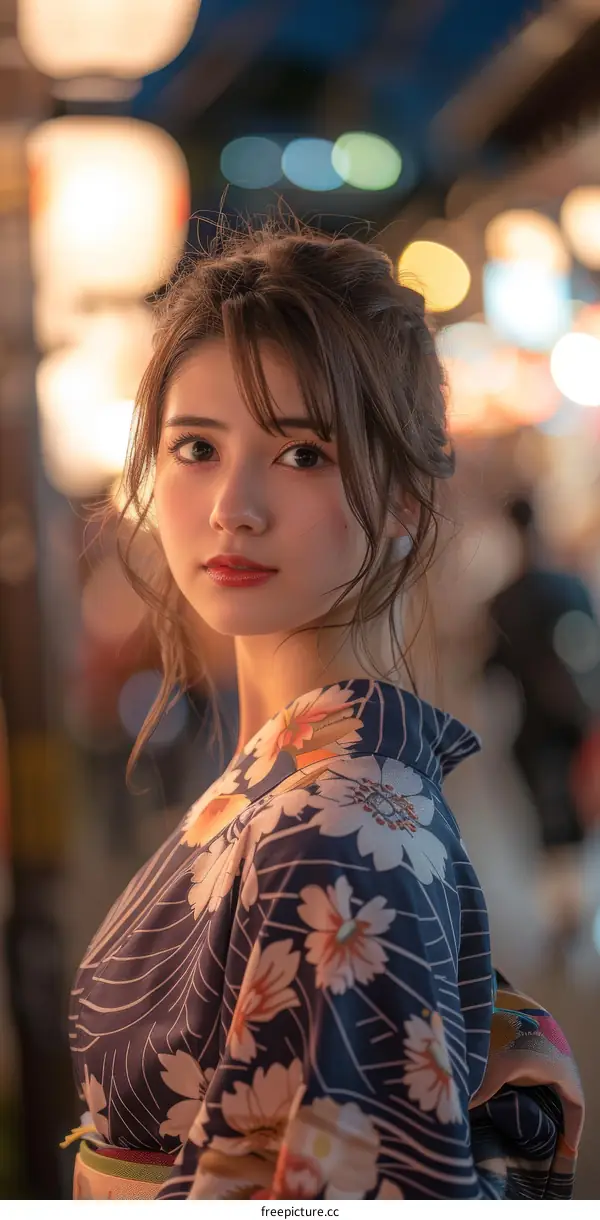 Beautiful Asian Woman in Traditional Japanese Kimono at Night Market