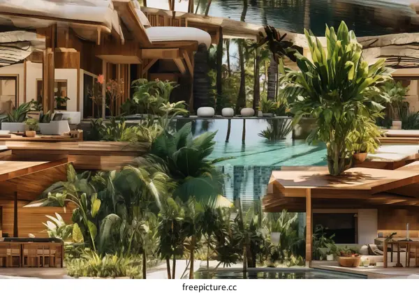 A beautiful house with a pool and a lot of plants