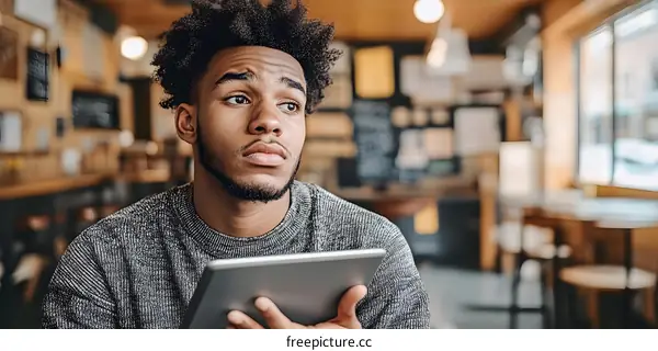 Young Man in Cafe Using Tablet