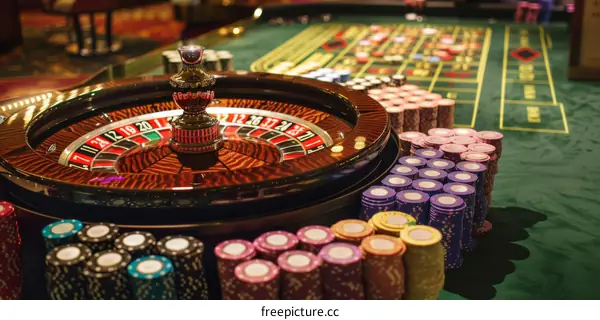 A roulette wheel in a casino with stacks of chips nearby