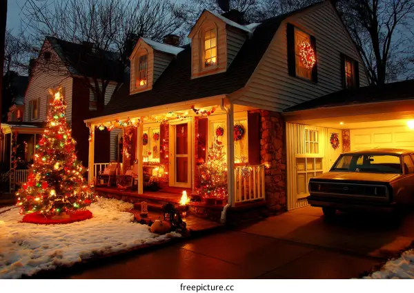 Christmas Night Illuminated Home Exterior