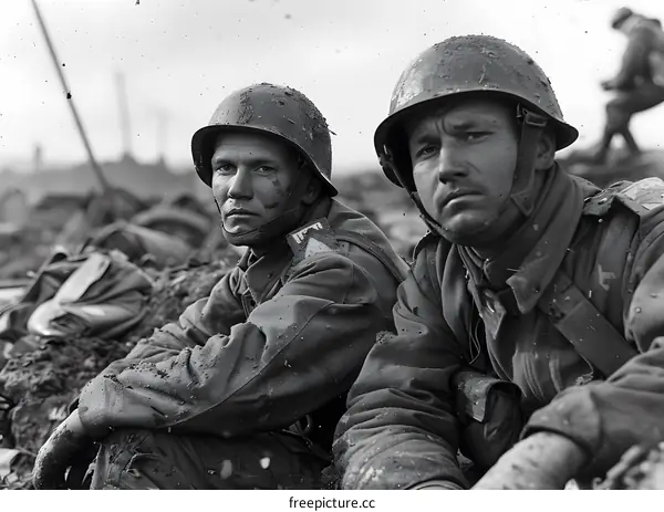 Two soldiers in a foxhole during World War II