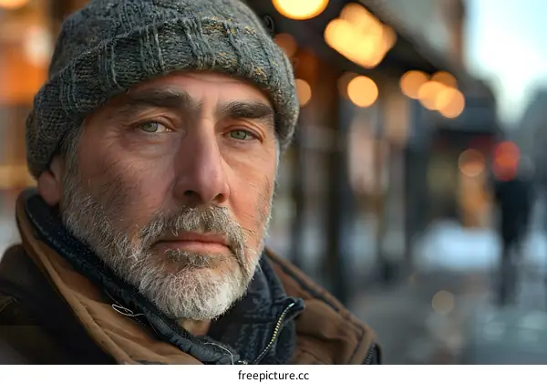 Portrait of a Man with a Grey Knitted Hat and a Grey Beard