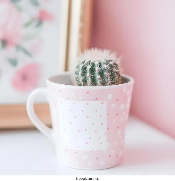 Pink Polka Dot Mug with Cactus