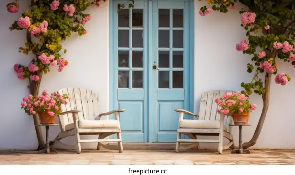 Mediterranean Blue Door with Patio and Wooden Armchairs