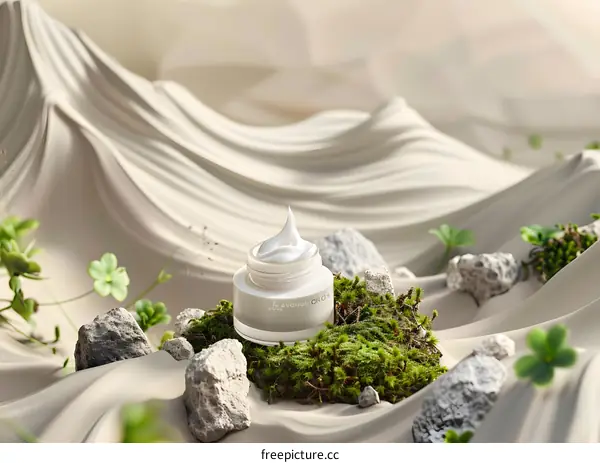 Moisturizing Cream Jar With Green Moss And White Sand
