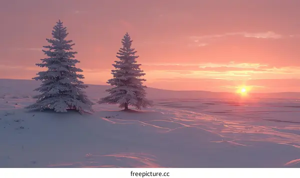 Two snow-covered pine trees on a snowy hill at sunset