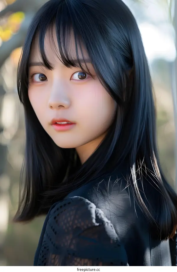 Portrait of a Young Asian Woman with Black Hair and a Lace Dress