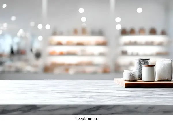 Empty Marble Tabletop with Glass Jars in Blurred Background