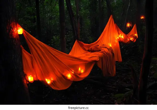 Romantic Camping Hammock In Forest With Lights