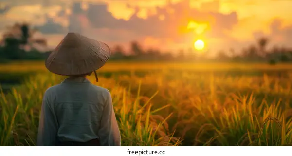 Asian farmer in a rice field watching the sunset