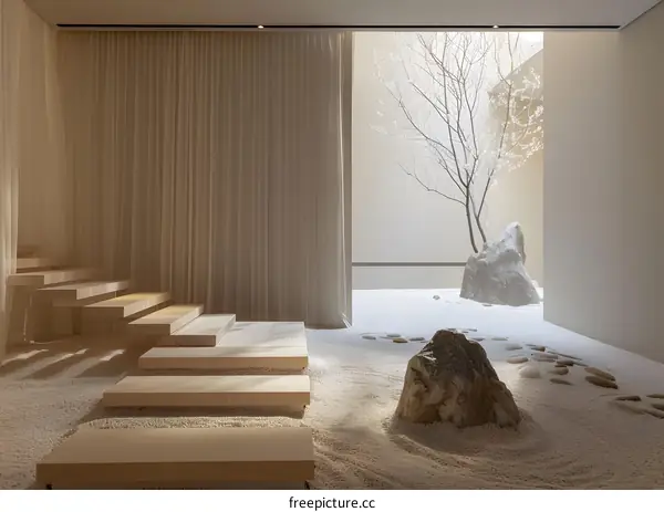 Minimalist Zen Garden Interior Design with White Sand and Stones