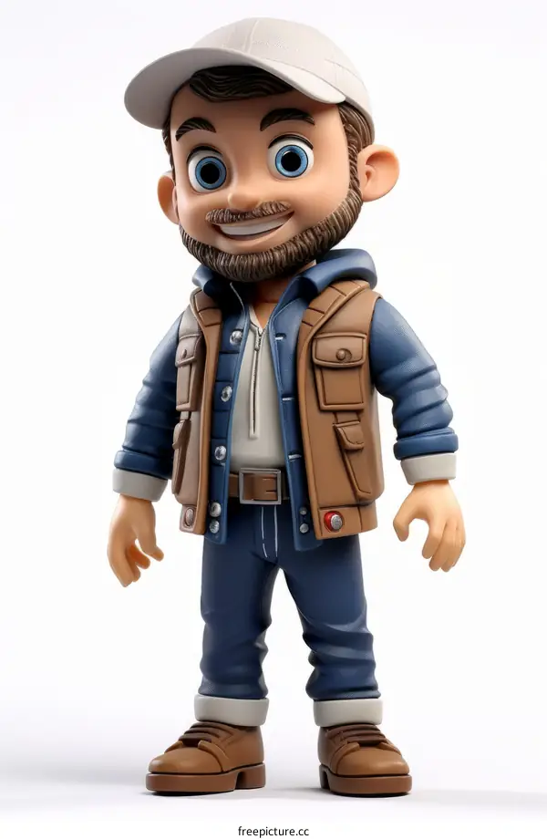 3D cartoon character of a man wearing a cap, vest, and jeans