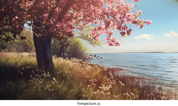 Pink Cherry Blossoms Blooming by the Sea