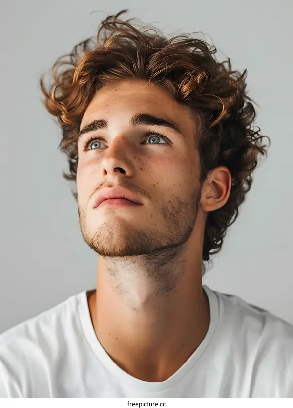 Close Up Portrait of a Young Man with Curly Hair Looking Up