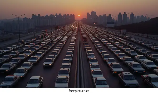 Gridlock of cars on a highway at sunset